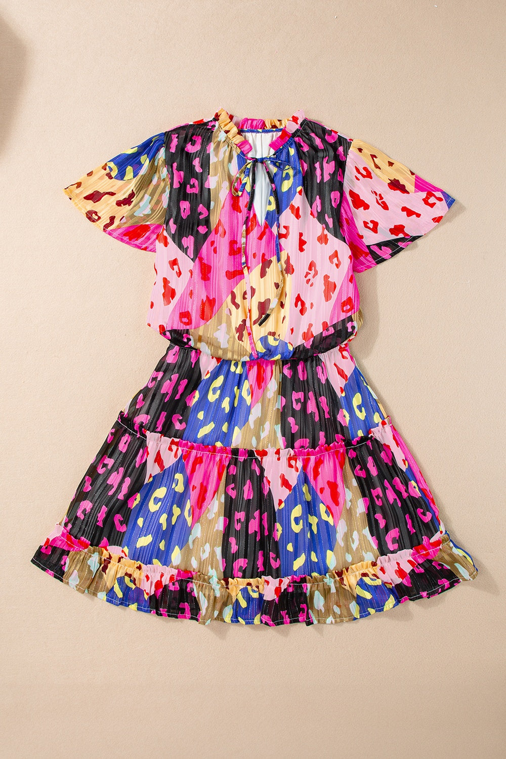 Leopard Printed Tie Neck Short Sleeve Mini Dress