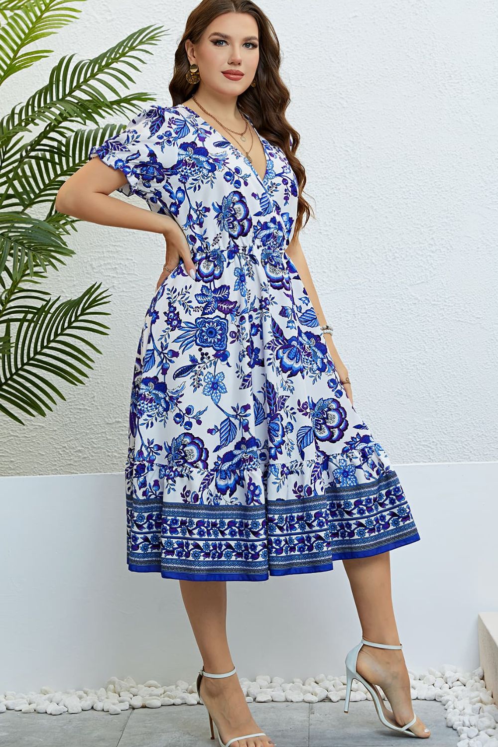 Floral Flounce Sleeve Surplice Dress- Cobalt Blue
