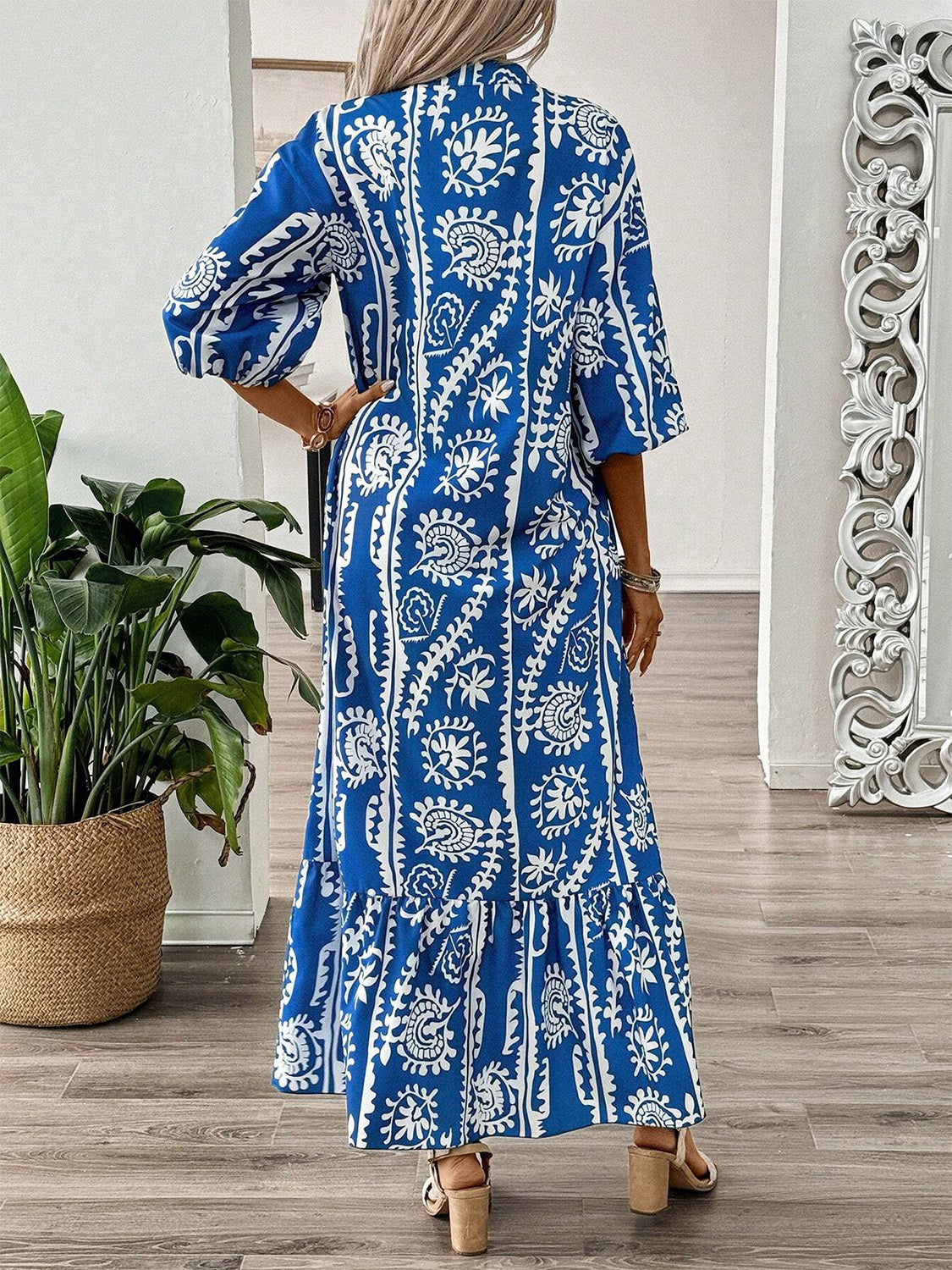 Printed Half Sleeve Maxi Dress- Blue and White
