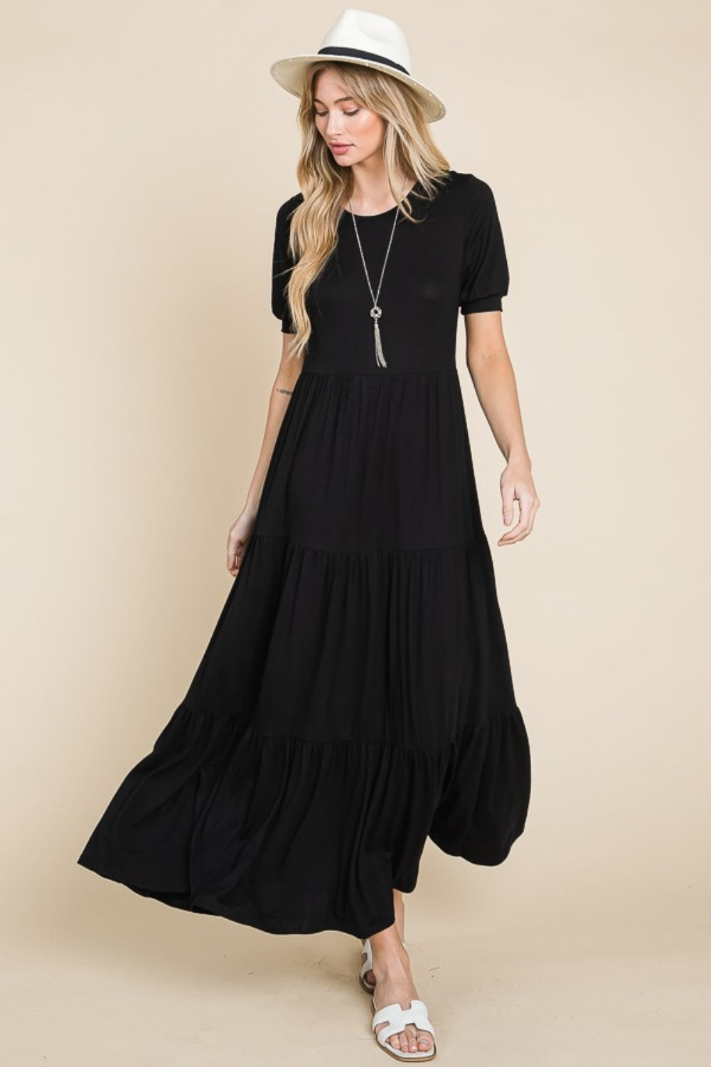 Black Short Sleeve Tiered Maxi Dress