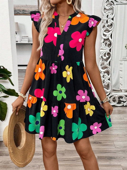 Big Flower Ruffled Cap Sleeve Dress