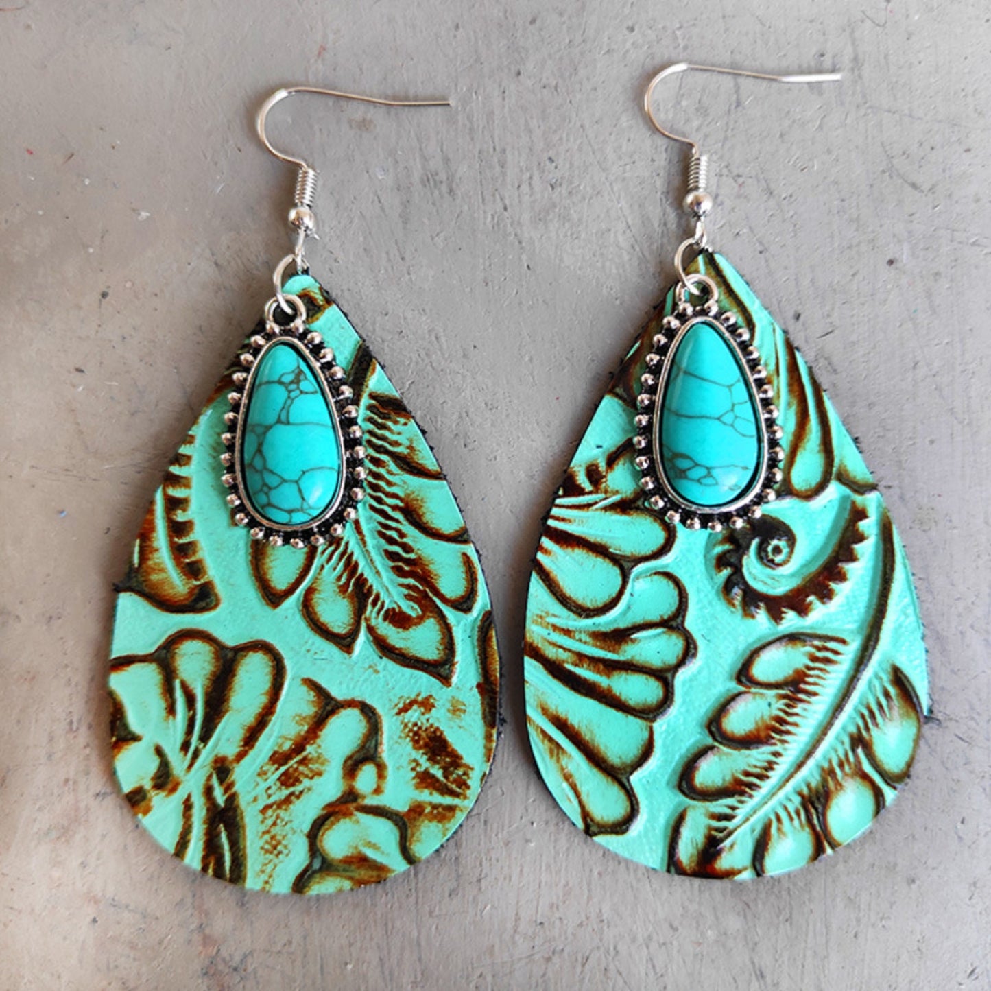 Leather Turquoise Teardrop Earrings- 3 Colors