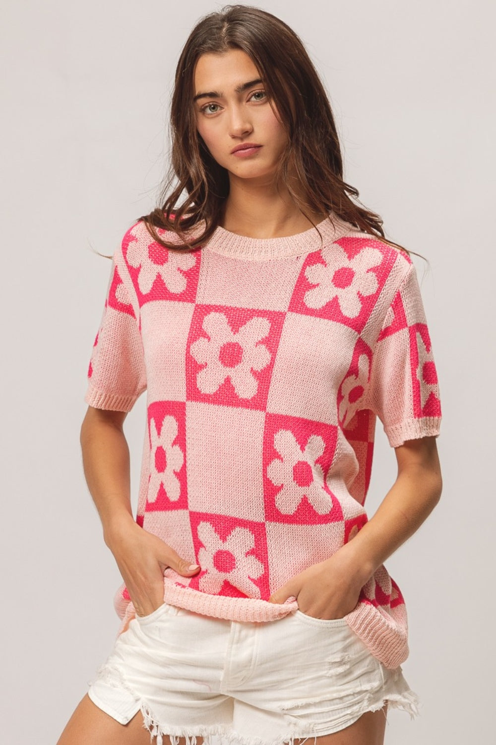 Flower Checker Pattern Short Sleeve Sweater- Blush