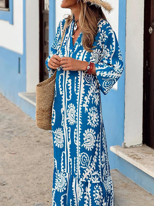 Printed Half Sleeve Maxi Dress- Blue and White