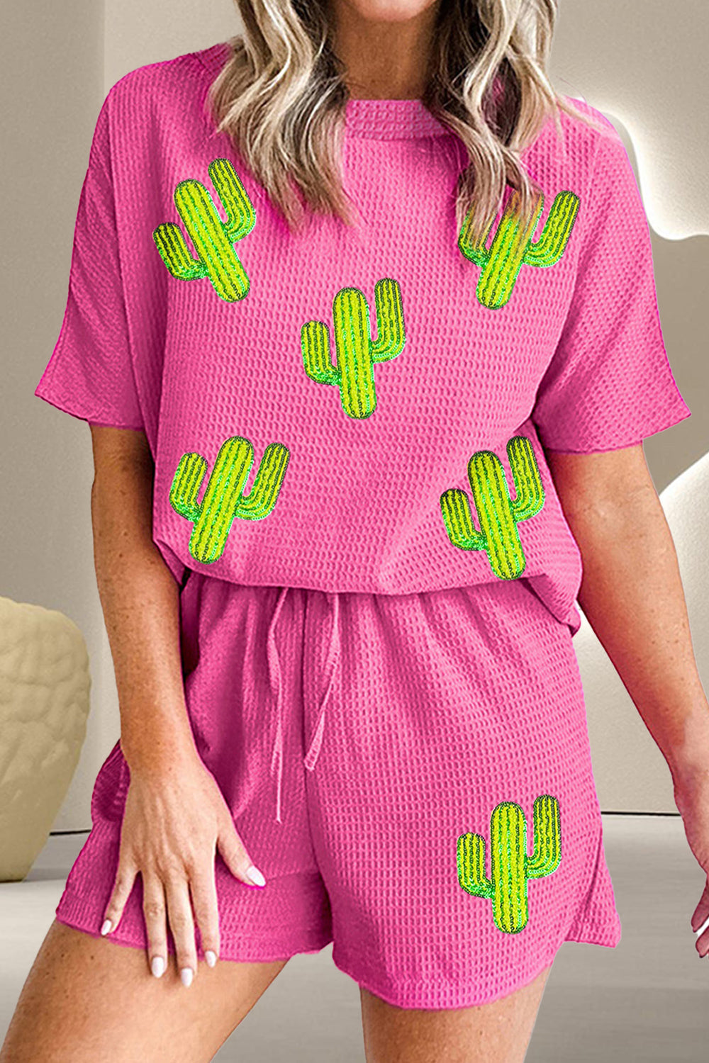 Sequin Cactus Waffle-Knit Top and Shorts Set