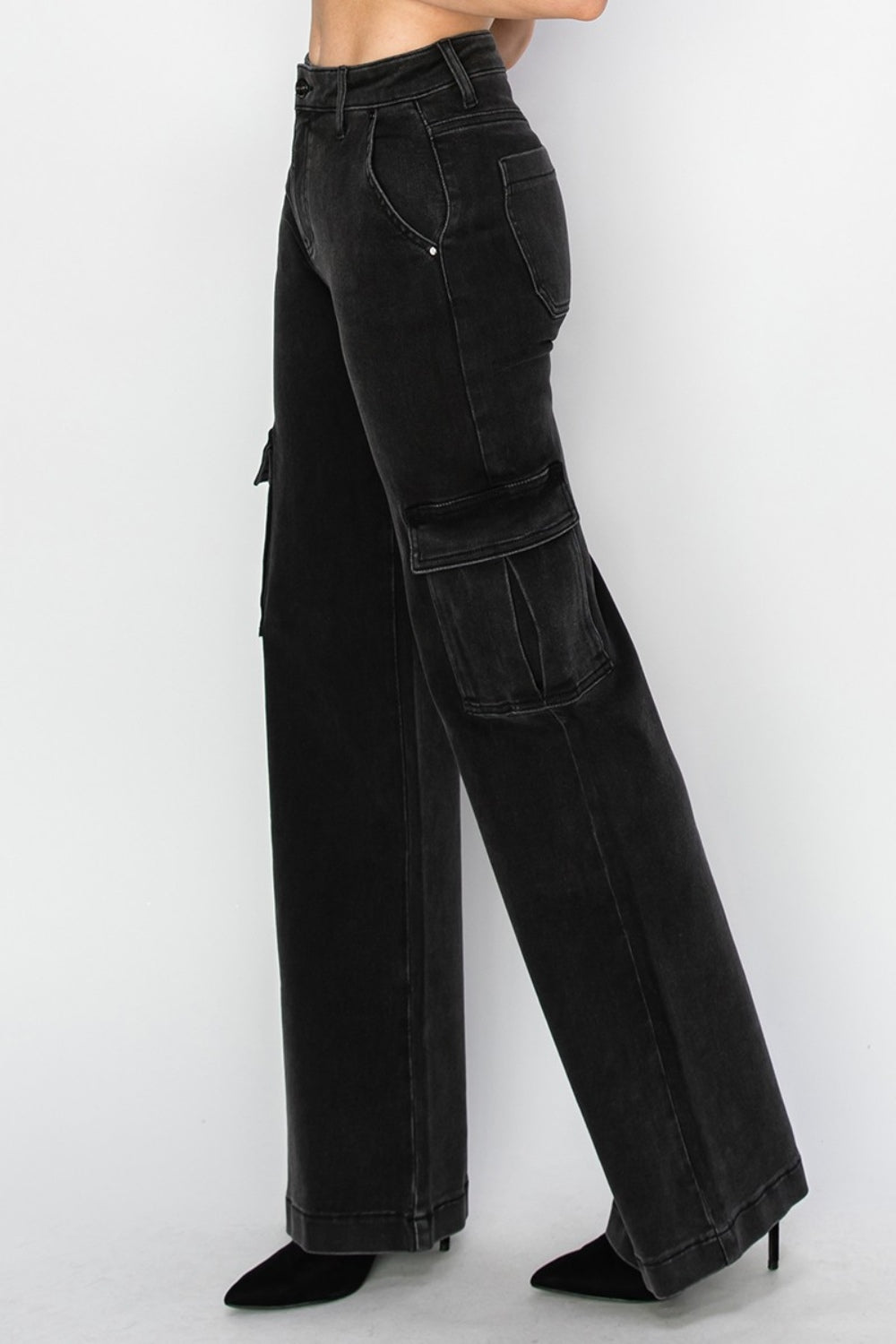 Black Risen High Rise Wide Leg Cargo Jeans