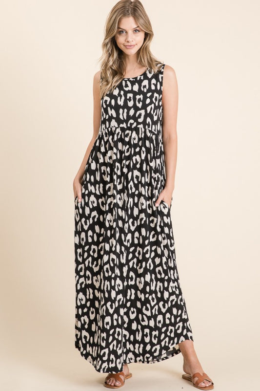 Black Leopard Maxi Dress with Pockets