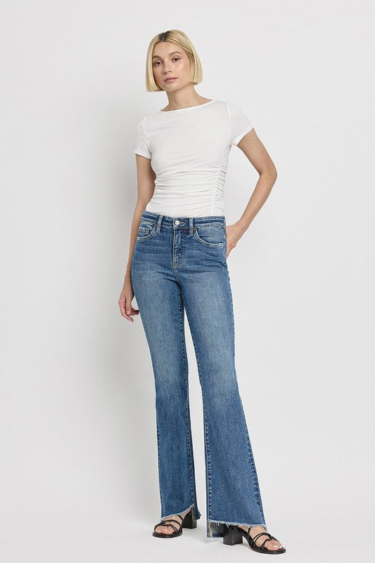 High Rise Slant Hem Flare Jeans