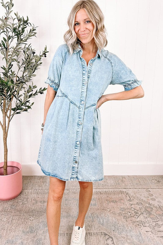 Women Ruffled Short Sleeve Buttoned Denim Dress with Pockets!