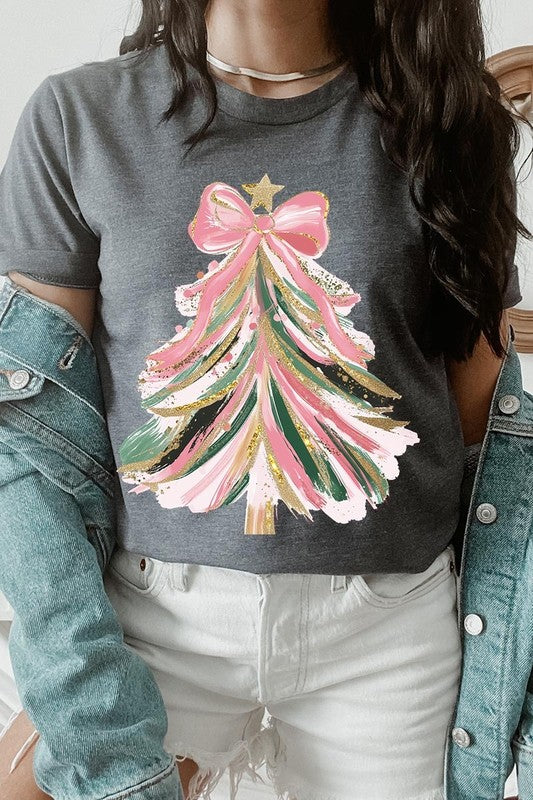 Faux Glitter Pink Bow Christmas Tree Graphic Tee