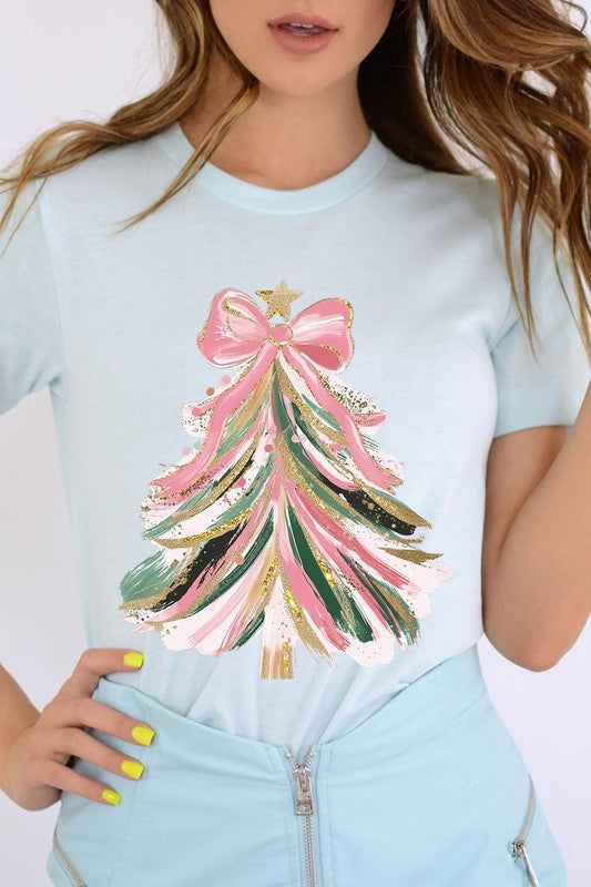 Faux Glitter Pink Bow Christmas Tree Graphic Tee