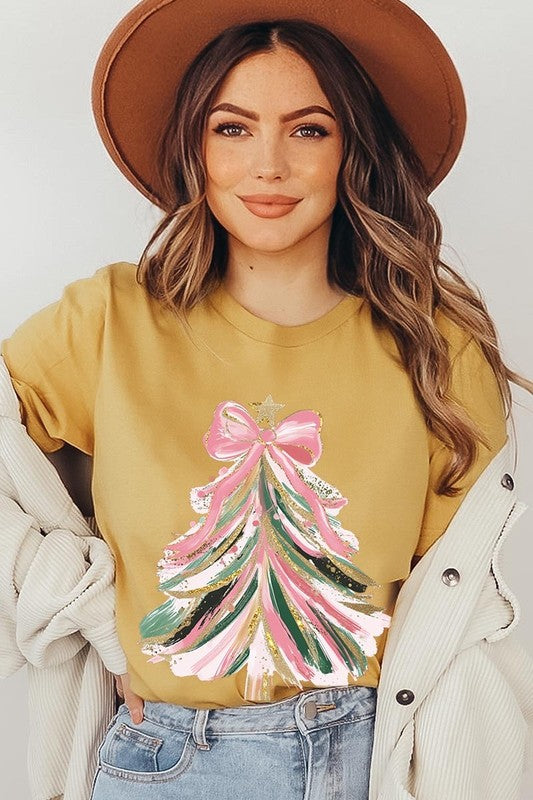 Faux Glitter Pink Bow Christmas Tree Graphic Tee