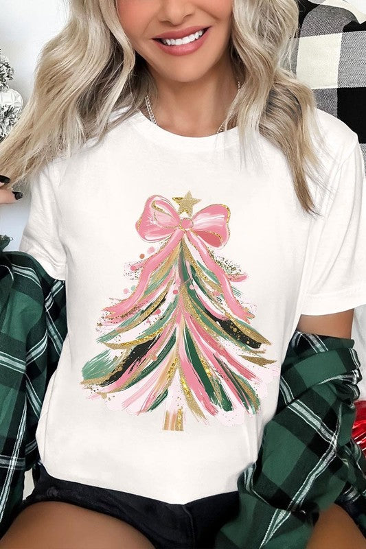 Faux Glitter Pink Bow Christmas Tree Graphic Tee