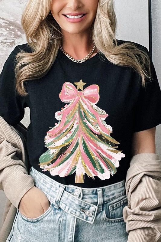 Faux Glitter Pink Bow Christmas Tree Graphic Tee