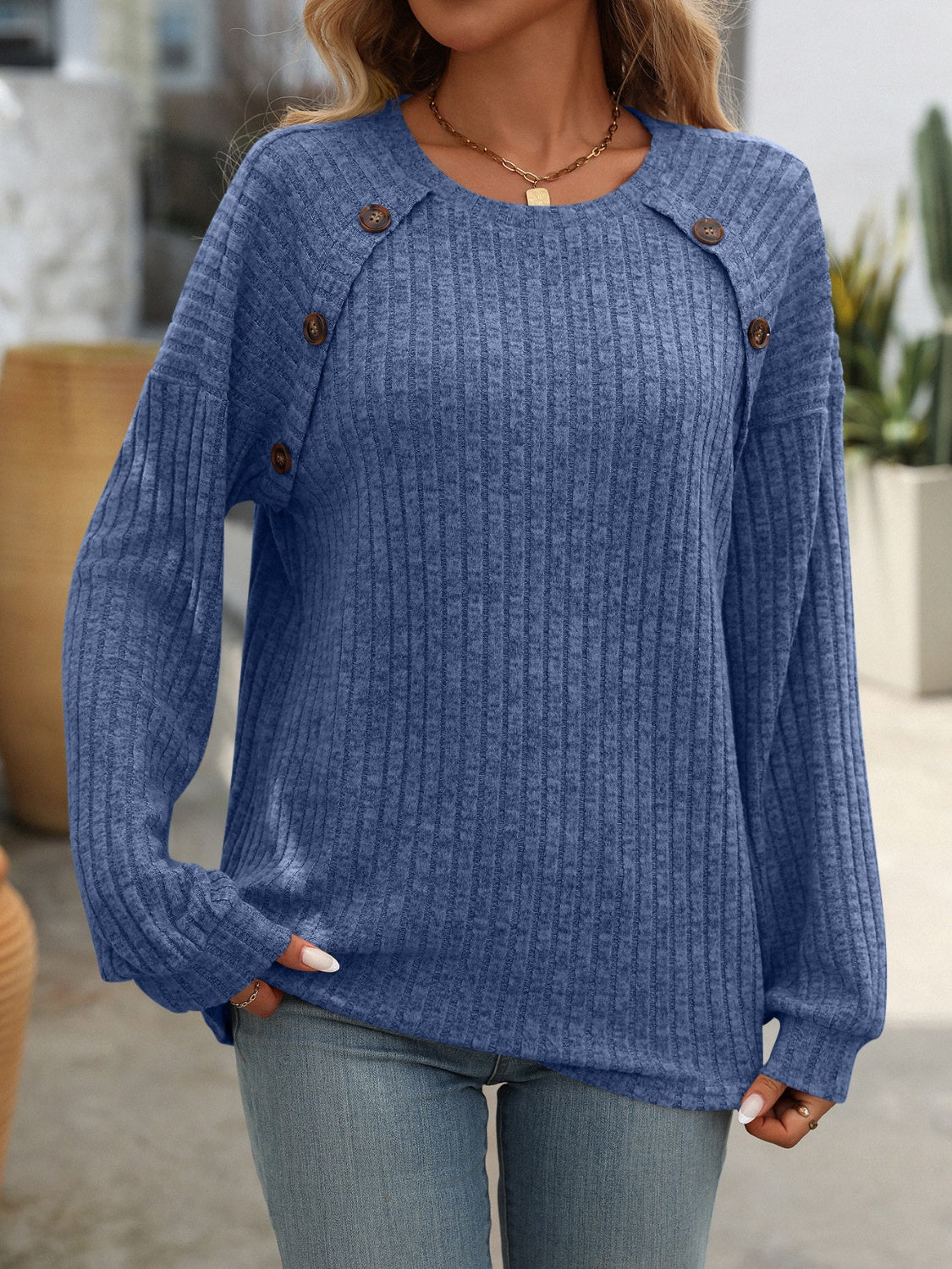 6 Color Option Button Long Sleeve Ribbed Shirt