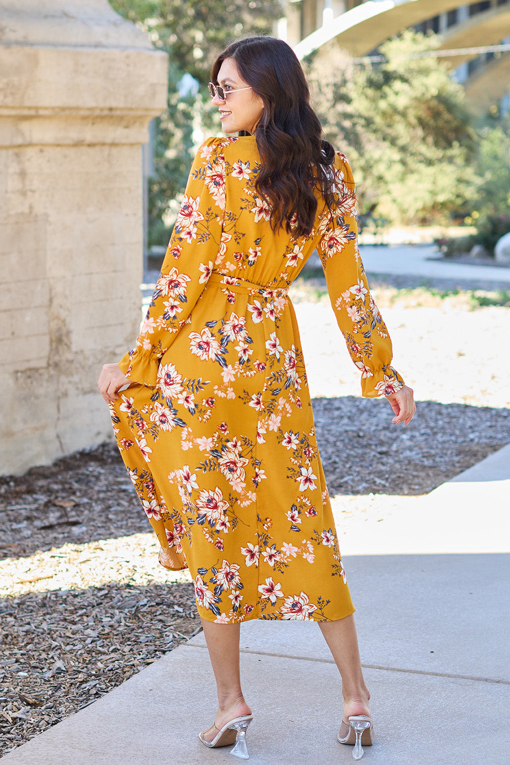 Caramel Floral Tie Back Flounce Sleeve Dress