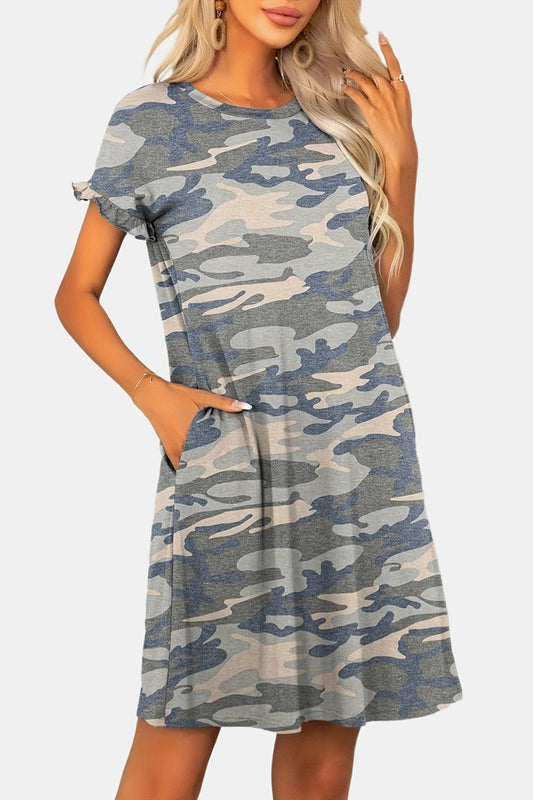 Camo Flounce Sleeve Dress with Pockets