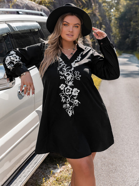 Plus Size Embroidered Long Sleeve Mini Dress- Black