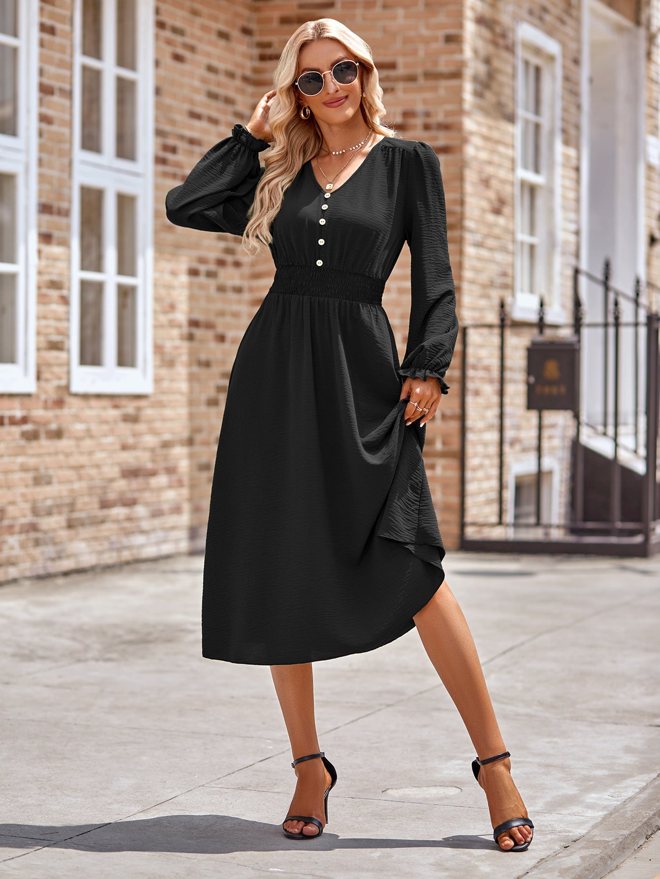 Smocked V-Neck Flounce Sleeve Midi Dress