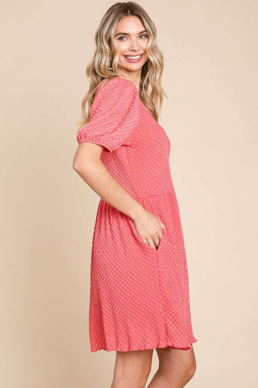 Coral Pink Textured Puff Sleeve Dress