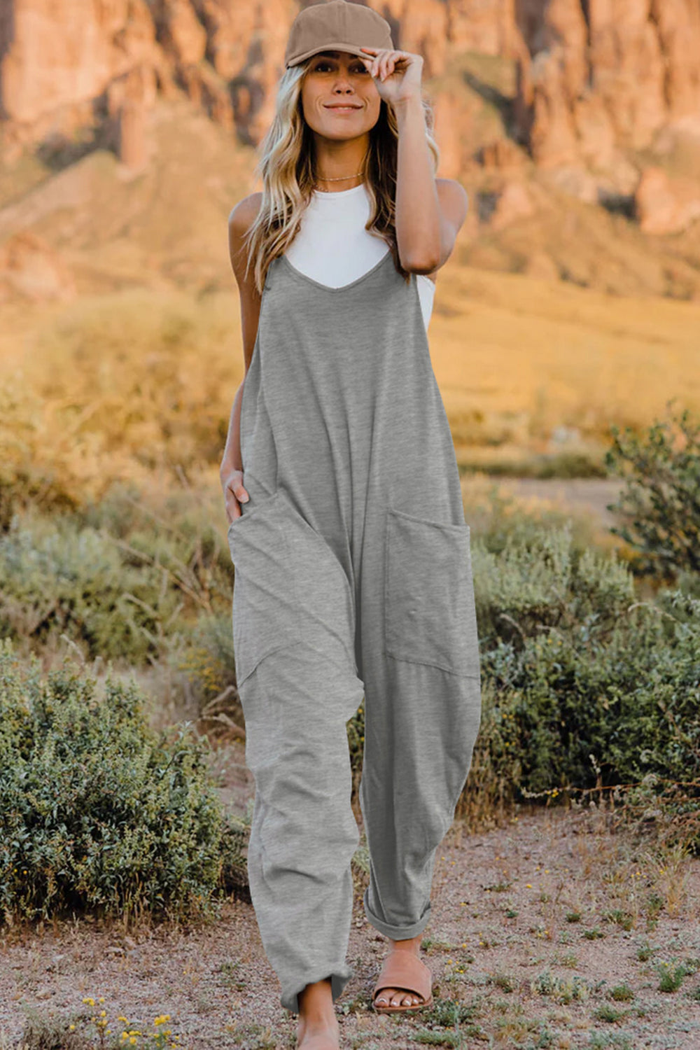 V-Neck Sleeveless Jumpsuit with Pockets- 6 Colors