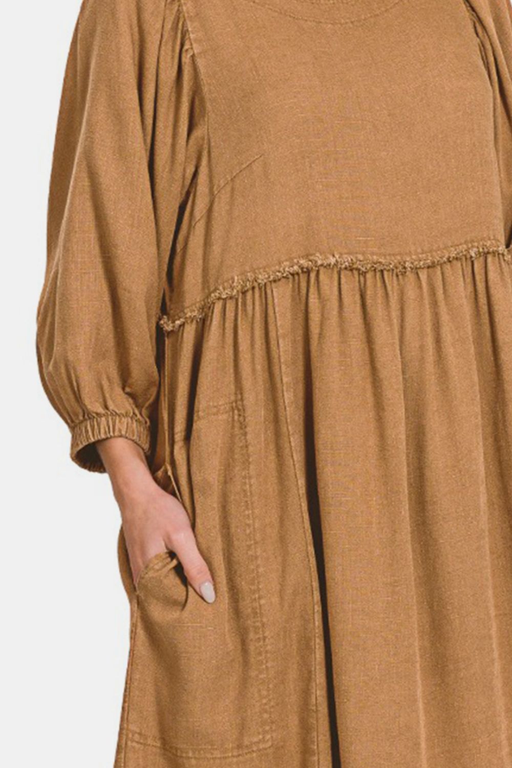 Camel Colored Pleated Puff Sleeve Babydoll Dress