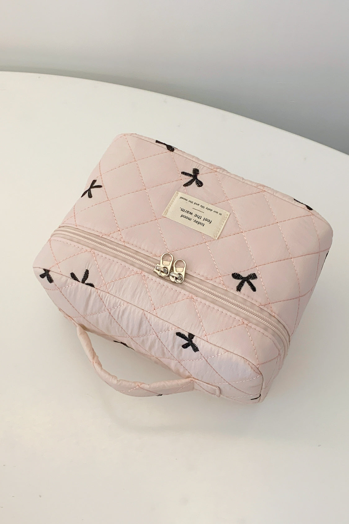 Bow Embroidered Quilted Storage Bag with Zip