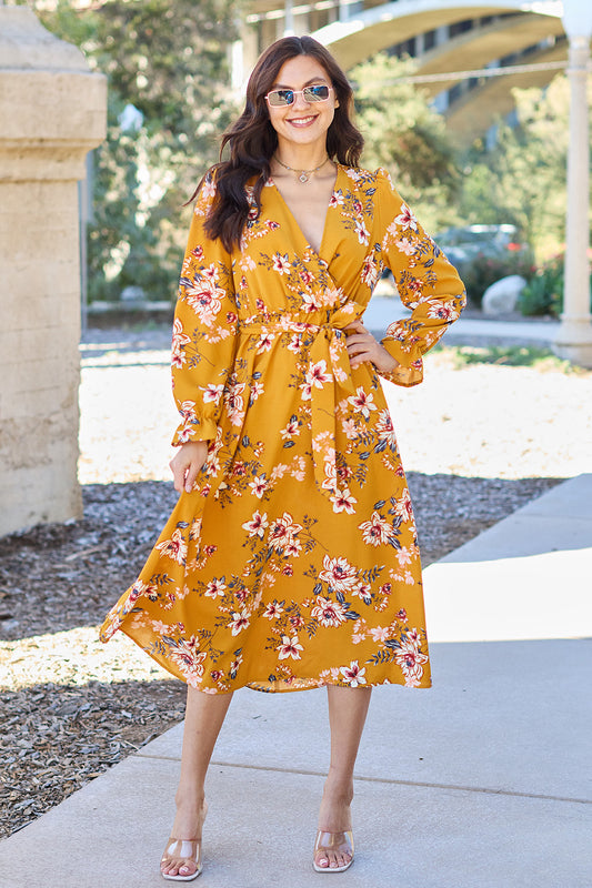 Caramel Floral Tie Back Flounce Sleeve Dress