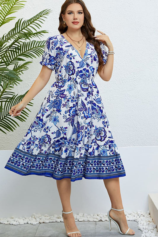 Floral Flounce Sleeve Surplice Dress- Cobalt Blue