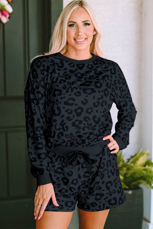 Black Leopard Round Neck Top and Shorts Lounge Set