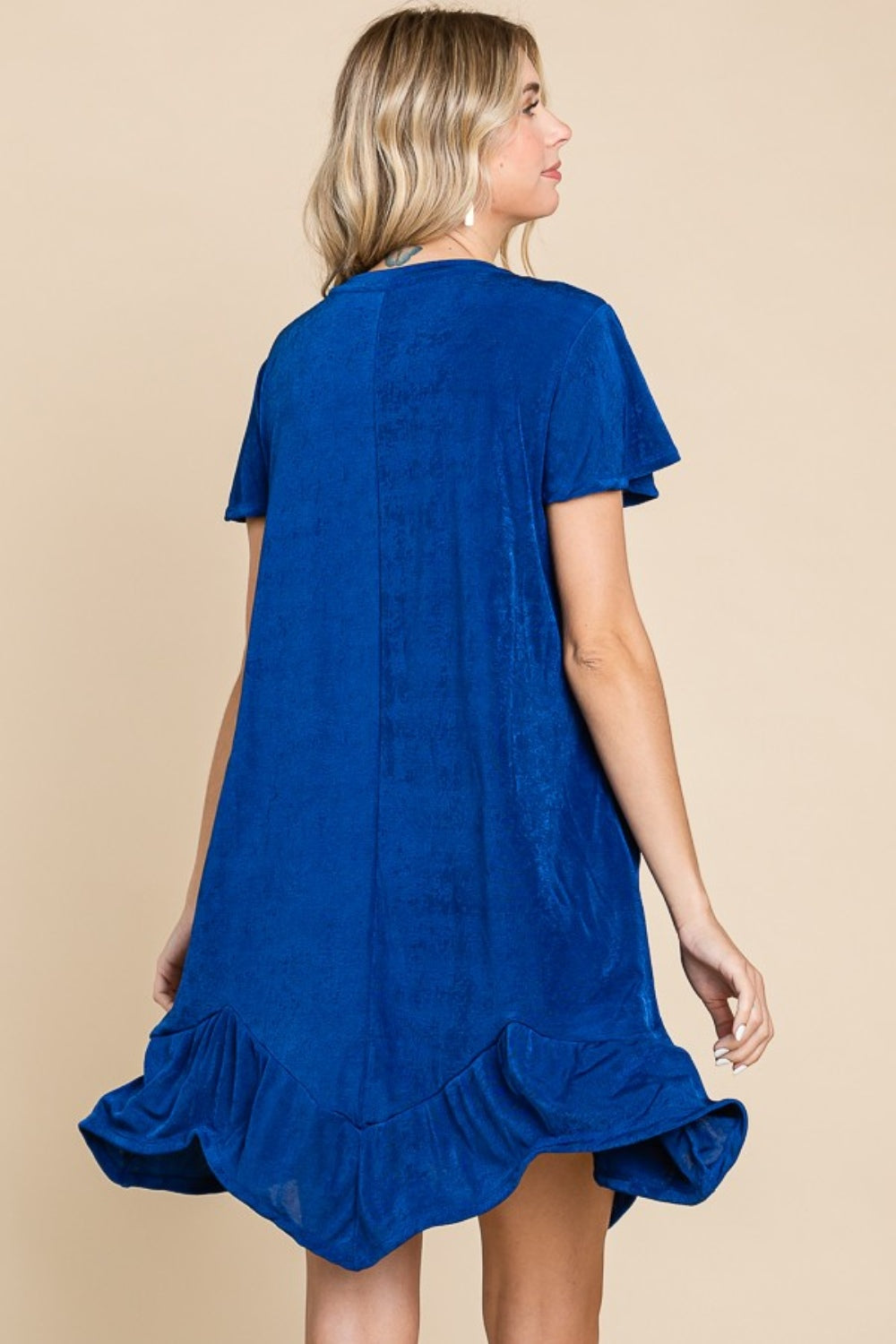 Royal Blue Short Sleeve Ruffled Asymmetric Hem Dress