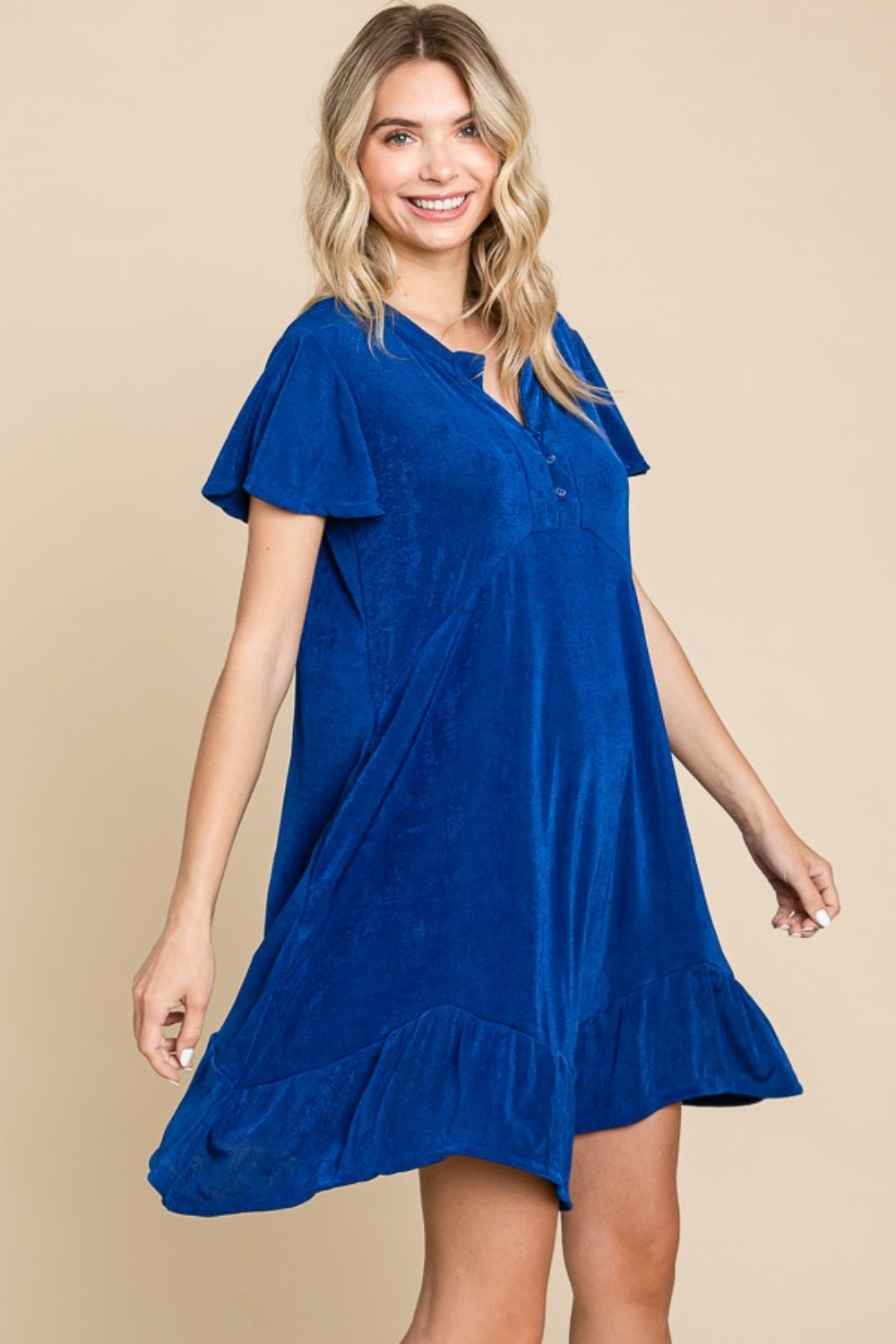 Royal Blue Short Sleeve Ruffled Asymmetric Hem Dress