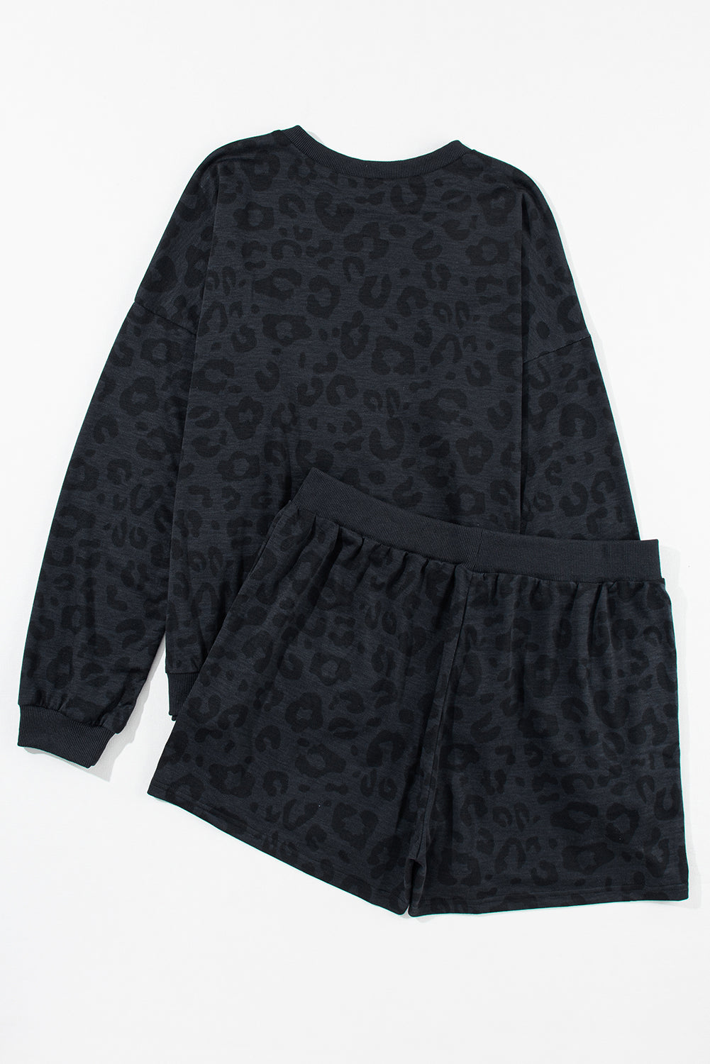 Black Leopard Round Neck Top and Shorts Lounge Set