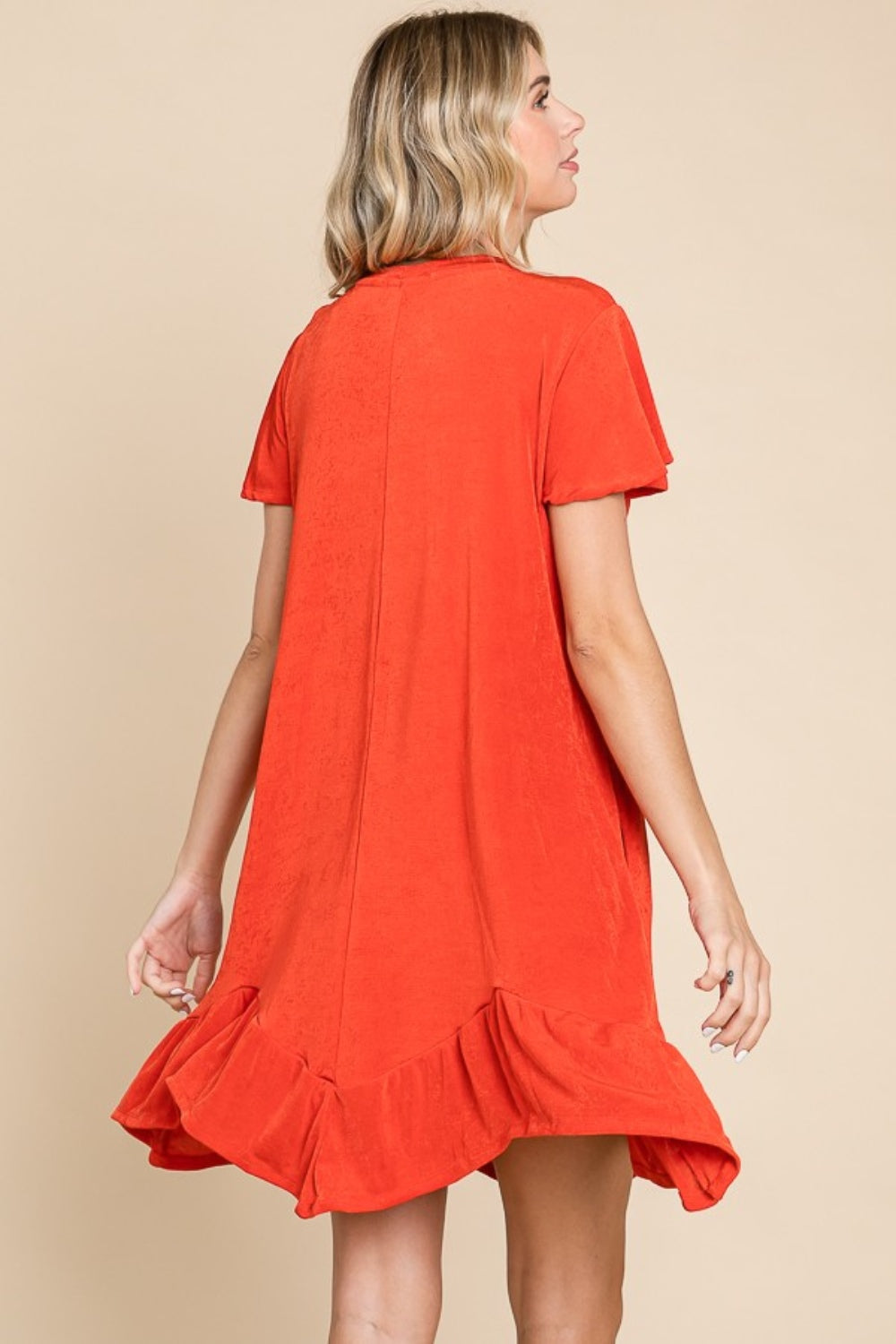 Scarlet Short Sleeve Ruffled Asymmetric Hem Dress