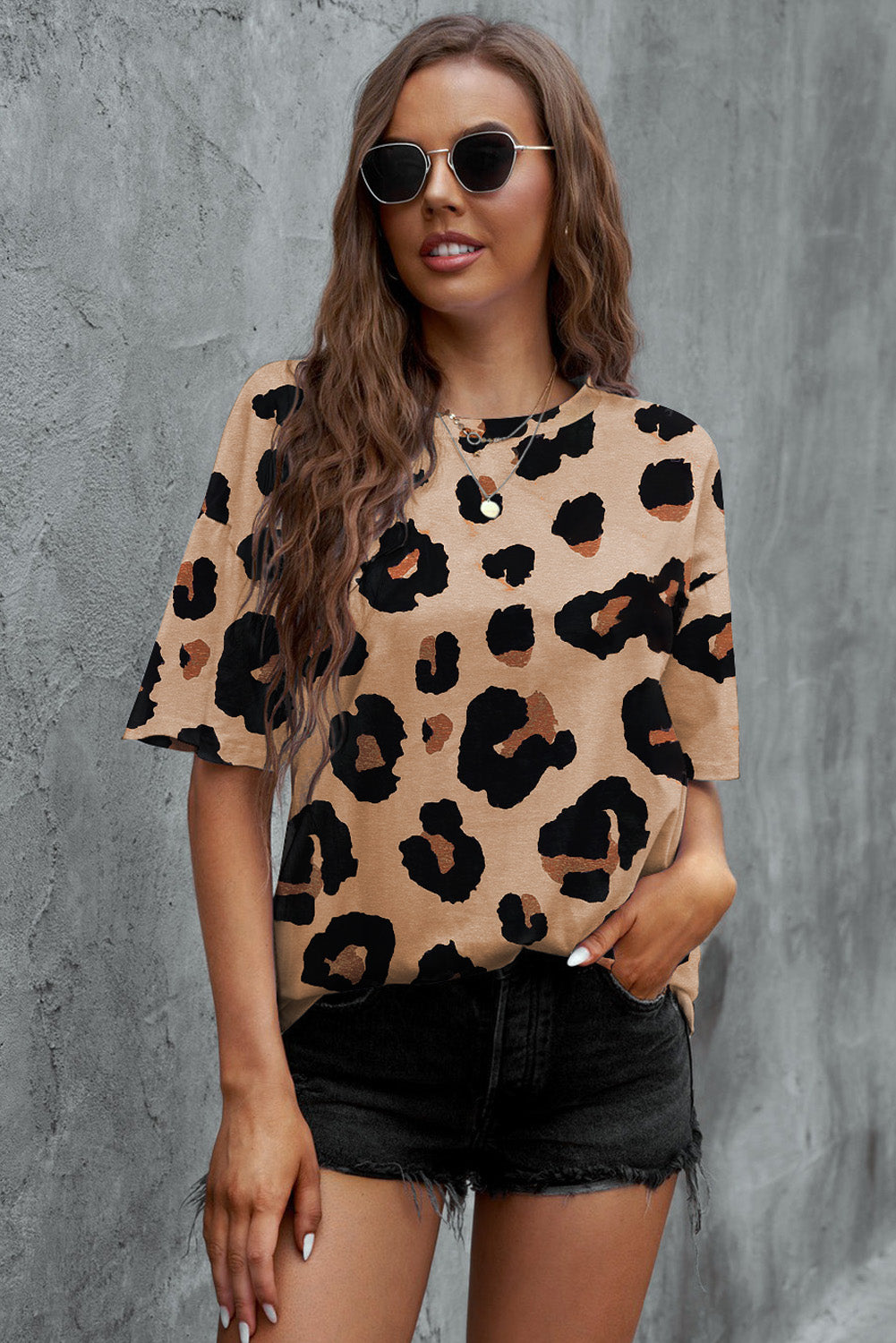 Leopard Print Dropped Shoulder Round Neck T-Shirt
