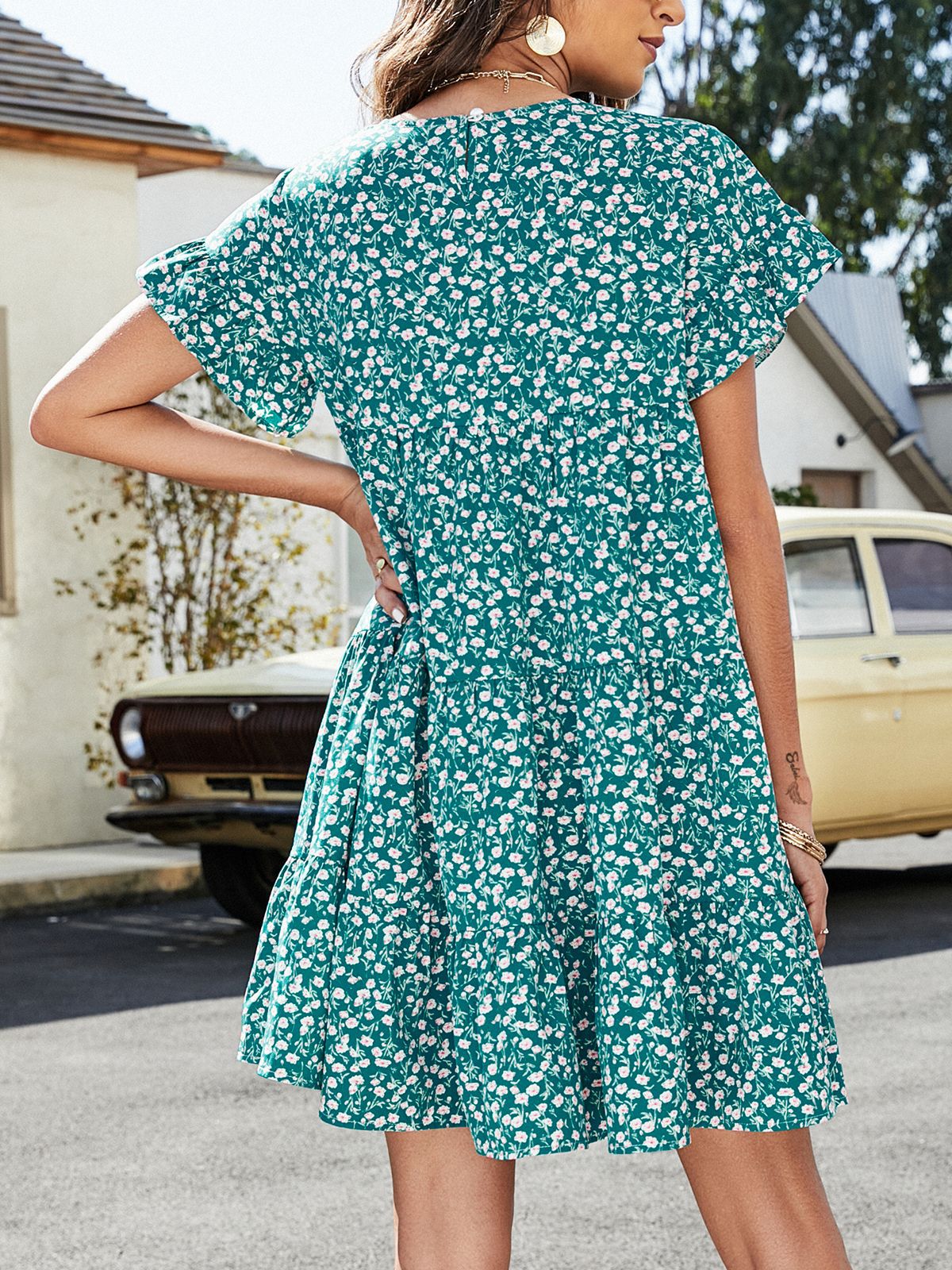 Short Flounce Sleeve Tiered Dress- 3 Print Options