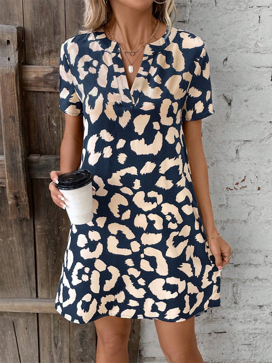 Leopard Printed Notched Short Sleeve Mini Dress