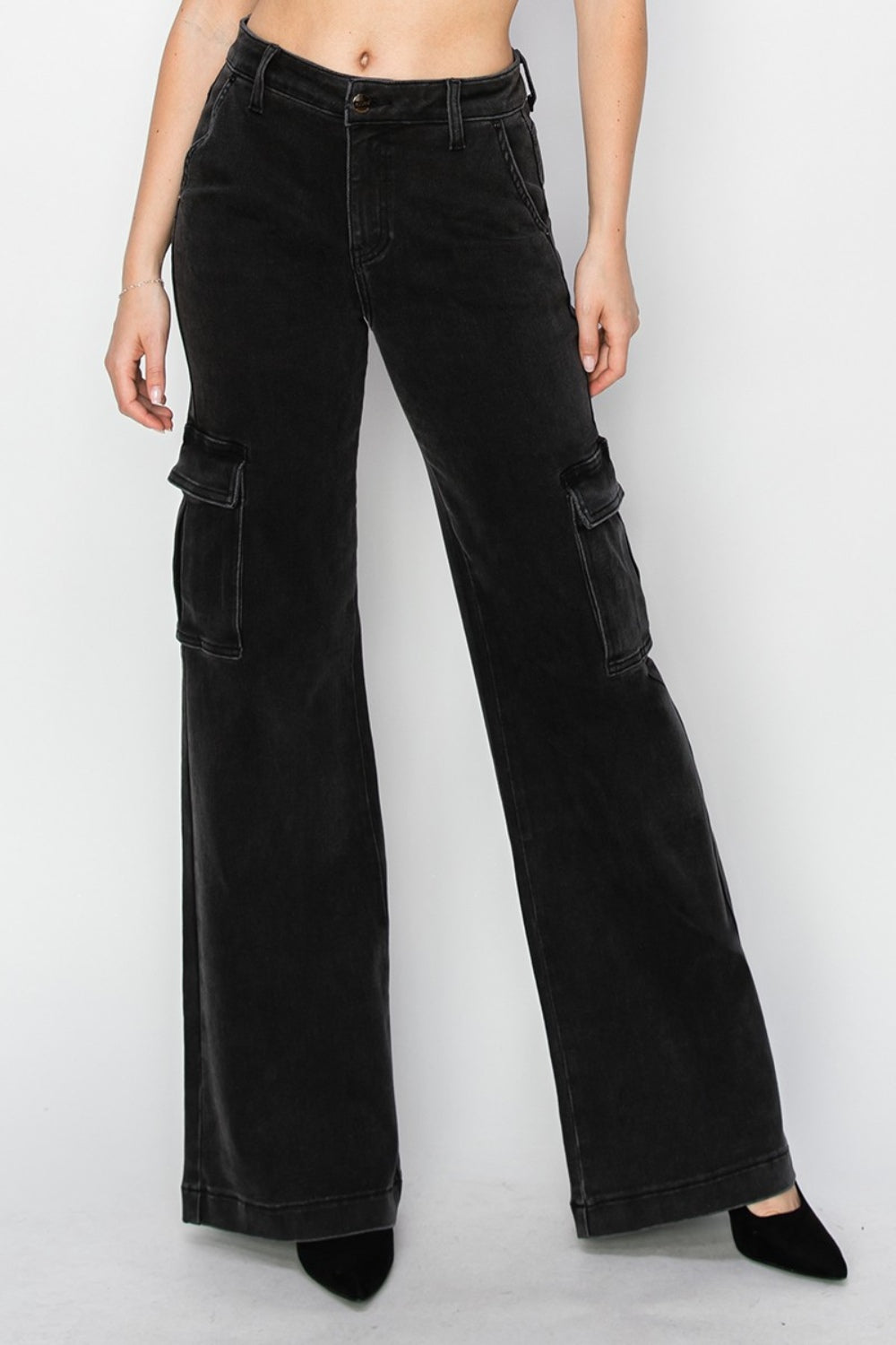 Black Risen High Rise Wide Leg Cargo Jeans