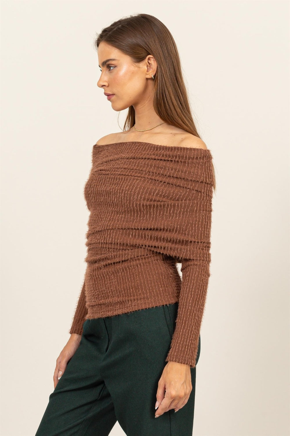 Brown Fuzzy Off Shoulder Knit Top