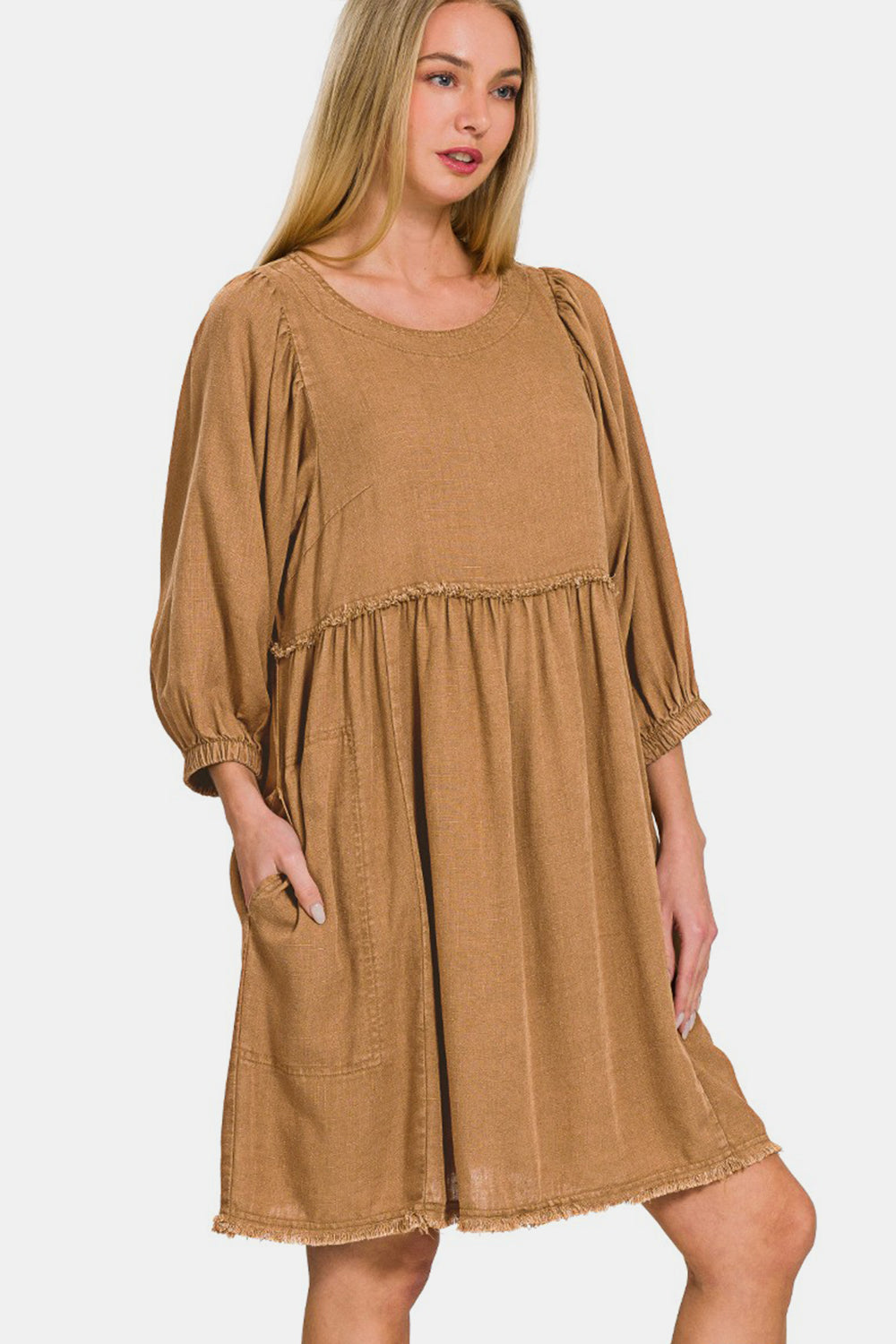 Camel Colored Pleated Puff Sleeve Babydoll Dress