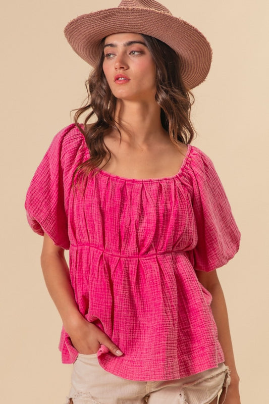 Fuchsia Pleated Puff Sleeve Blouse