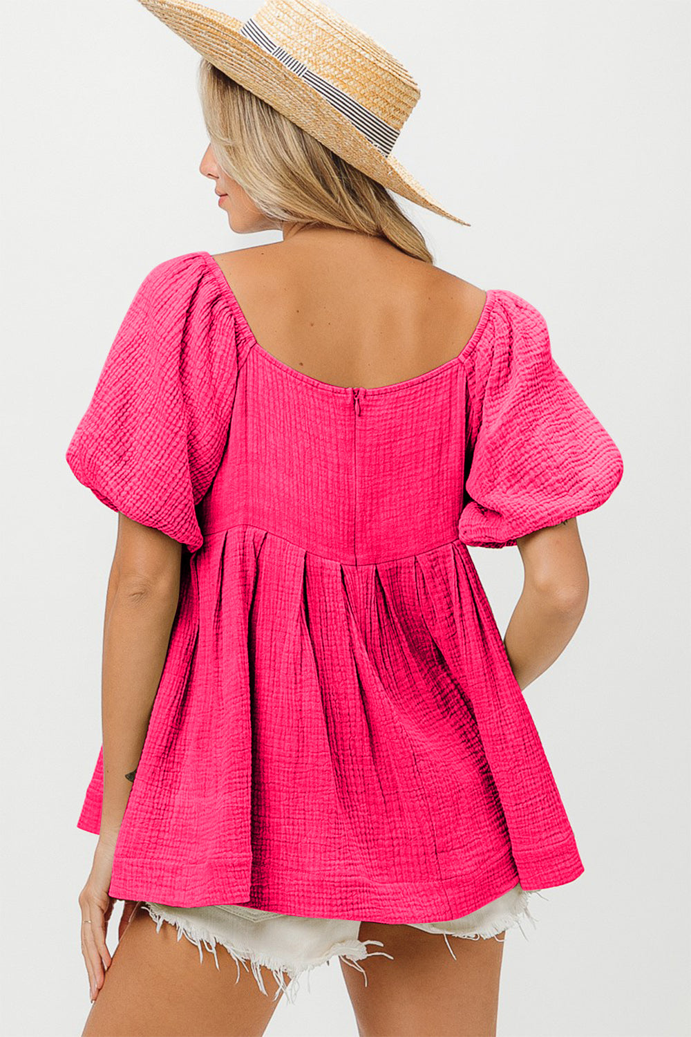 Fuchsia Pleated Puff Sleeve Blouse