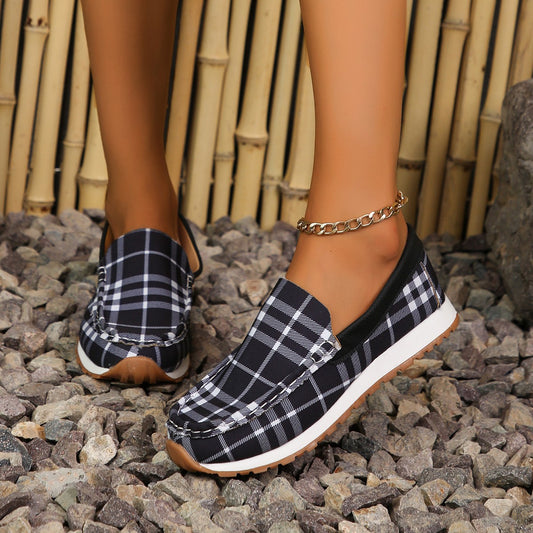 Black Plaid Round Toe Slip-Ons