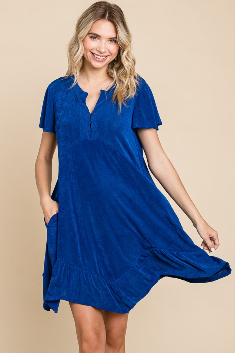 Royal Blue Short Sleeve Ruffled Asymmetric Hem Dress