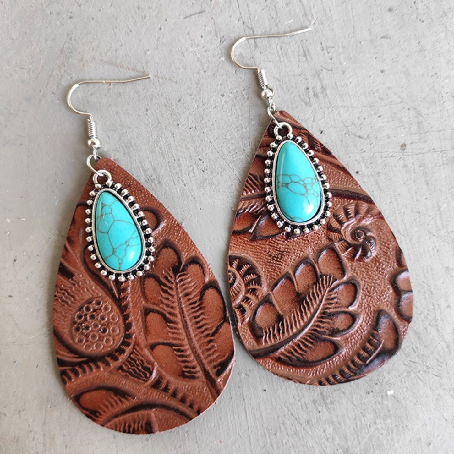 Leather Turquoise Teardrop Earrings- 3 Colors