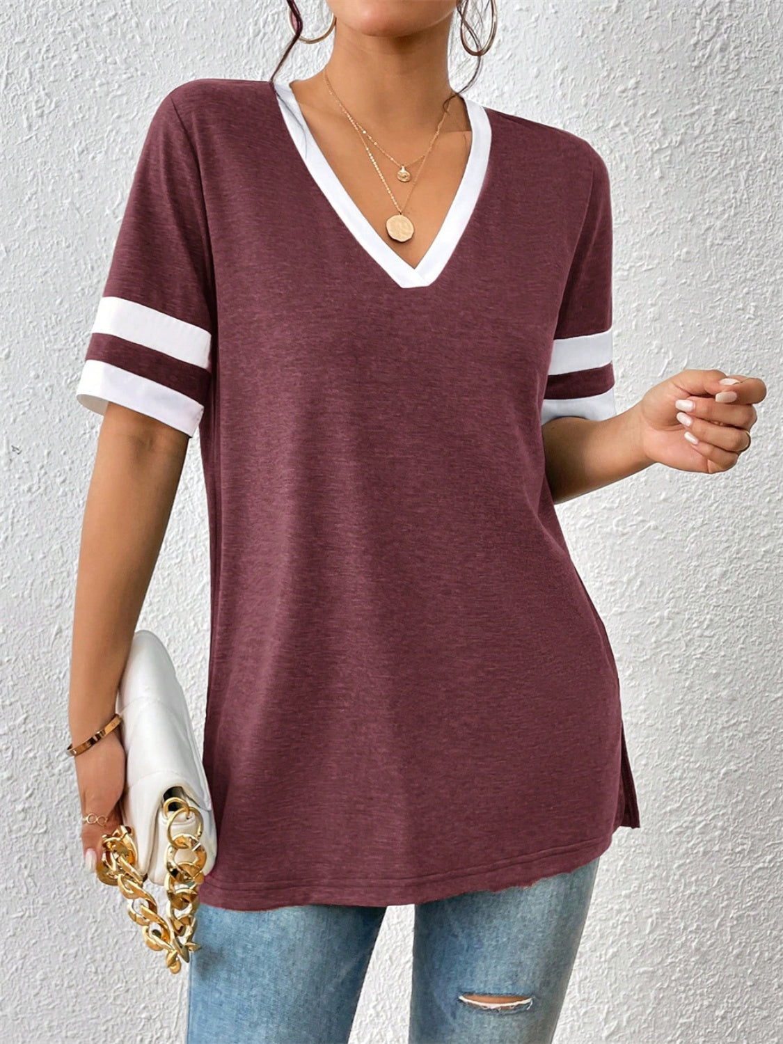 Plum Varsity V-Neck T-Shirt