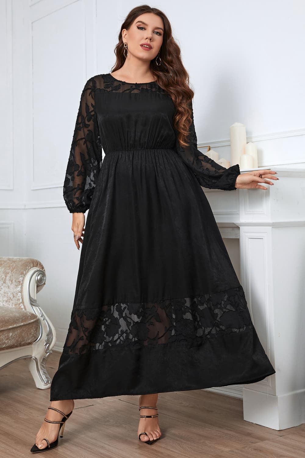 Plus Size Embroidery Long Sleeve Maxi Dress- Black