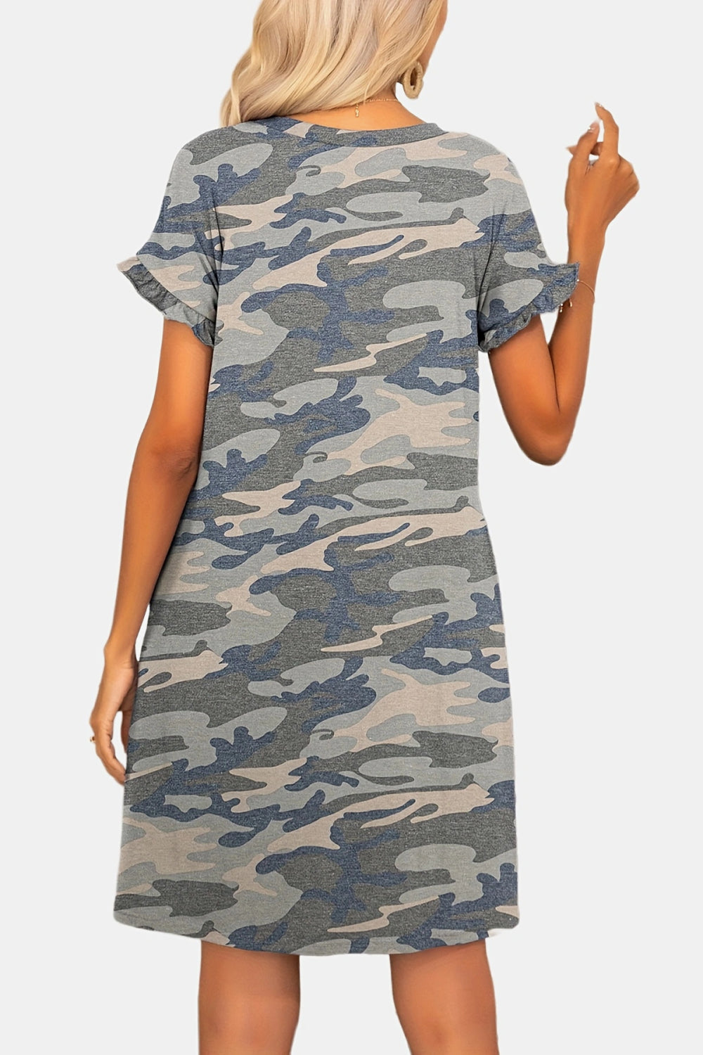 Camo Flounce Sleeve Dress with Pockets