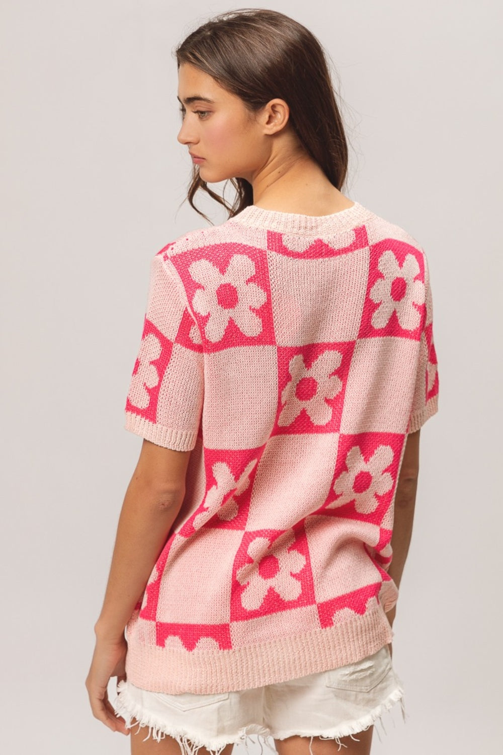 Flower Checker Pattern Short Sleeve Sweater- Blush