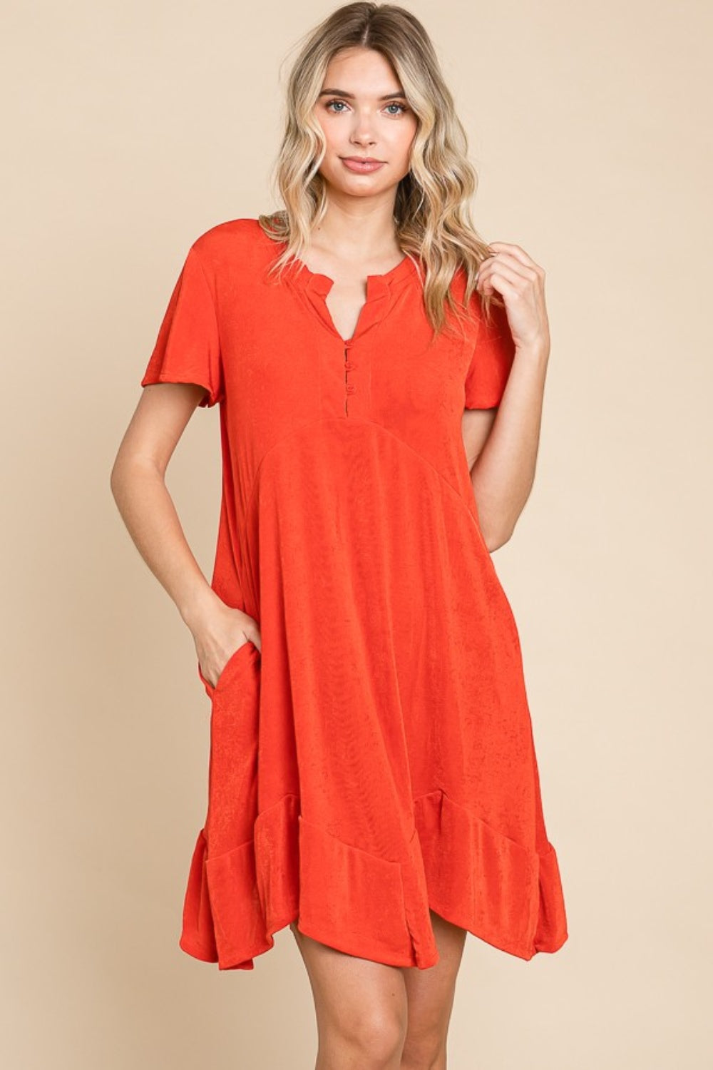 Scarlet Short Sleeve Ruffled Asymmetric Hem Dress